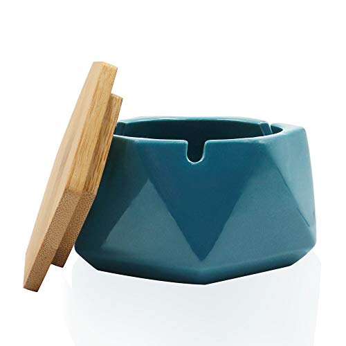 Auspicious beginning Aschenbecher Keramik für Draussen Winddicht Tischaschenbecher mit Bambus Deckel Praktisch Schön Desktop Dekor für Innen Im Freien - Blaugrün