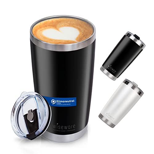 wiseware Edelstahl Kaffeebecher - Thermo Trinkbecher 600 ml aus Metall - travel mug - BPA frei - Doppelwandiger Isolierbecher, Coffee To Go Becher für Kaffee & Tee (schwarz, 1 Stück)