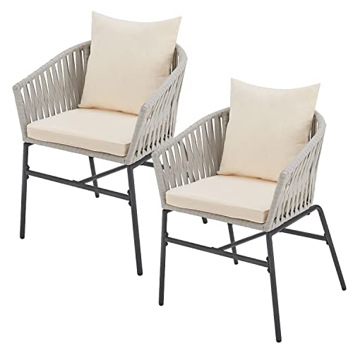 Juskys Rope Stühle 2er Set - Gartenstühle mit Seilgeflecht & Polster - wetterfester & bis 160 kg belastbar - Stahl mit Pulverbeschichtung - Hellgrau
