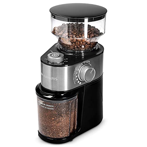 Navaris Elektrische Kaffeemühle mit Edelstahl Scheibenmahlwerk - 200W - für bis zu 14 Tassen Kaffee - 18 Mahlgrade - Kaffee Mühle Metallic Silber
