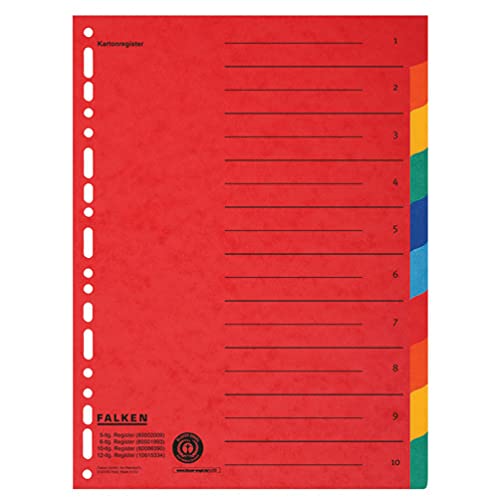 Original Falken Karton-Register überbreit für DIN A4+ 240 x 297 mm volle Höhe mit Organisationsdruck 10-teilig vollfarbig 2 x 5 Farben zur Ablage von Prospekthüllen