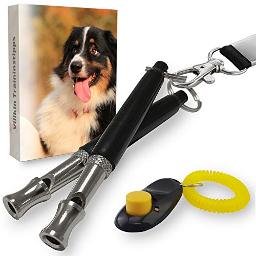 Villkin 2X Hundepfeife +Bonus: Hunde-clicker, Schlüsselband und E-Book - Kontrolle erlangen und Bellen stoppen - Schwarz/Silber mit Einstellbarer Frequenz