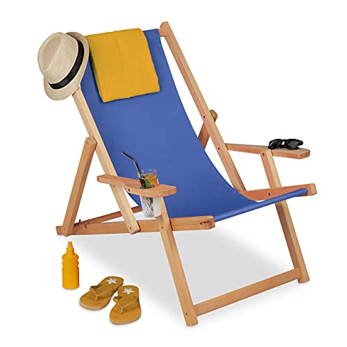 Relaxdays Liegestuhl Holz, klappbarer Strandstuhl, 3 Positionen, 100kg, Sonnenstuhl mit Armlehnen & Getränkehalter, blau
