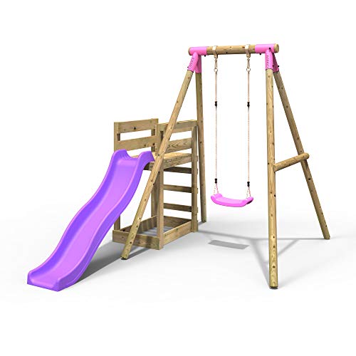 REBO Spielturm aus Holz mit Schaukel und Rutsche Pink | Outdoor Spielzeug | Schaukel Outdoor Kinder | Spielhaus Kinder Outdoor | Stabile Konstruktion | Lange Lebensdauer