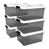 Cetomo 20L*6 Plastic Storage box, Tote box,Organizing Container with Durable Lid and Secure Latching Buckles, Stackable and Nestable, 6Pack, transparent black with Black Buckle