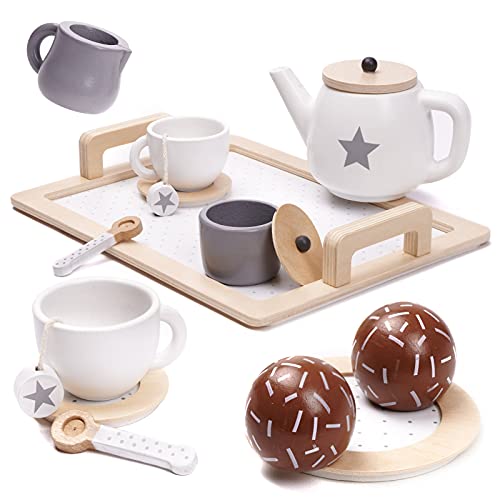ikonka Kaffeeservice | Teeset mit Zubehör für 2 Personen aus Holz Kindergeschirr | Kreatives Spielzeug, Küchenzubehör für sicheres Spiel, mit Holzsnacks, solide Herstellung