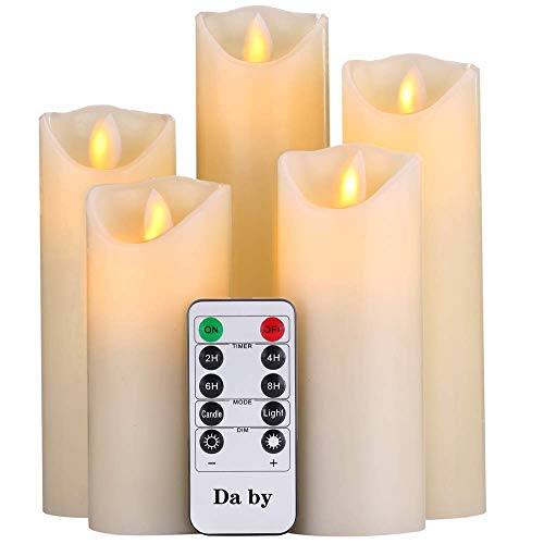 Da by LED Kerzen, flammenlose Kerze 300 Stunden Batterie Dekorative Kerze 5er Set (13cm, 14cm, 16cm, 18cm, 20cm).Die echt blinkende LED-Flamme ist aus Beige Echtwachs gefertigt