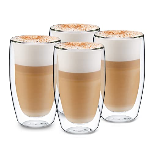 GLASWERK Design Latte Macchiato Gläser doppelwandig (4 x 450ml)Cappuccino Tassen - Doppelwandige Gläser aus Borosilikatglas - Spülmaschinenfeste Teegläser Kaffeetassen Set - Thermogläser doppelwandig