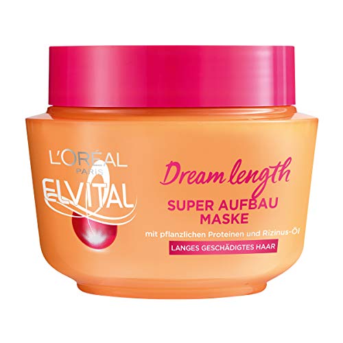 L'Oréal Paris Elvital Anti Spliss Haarmaske für langes, geschädigtes Haar, Intensive Haarkur zum Ausspülen, Mit pflanzlichen Vitaminen und Rizinus-Öl, Dream Length Super Aufbau Maske, 1 x 300 ml