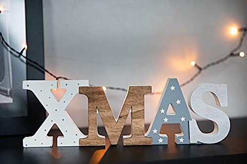 HEITMANN DECO Schriftzug Xmas aus Holz - weiß/grau/braun - mit Punkten und Sternen - Aufsteller - Weihnachtsdekoration