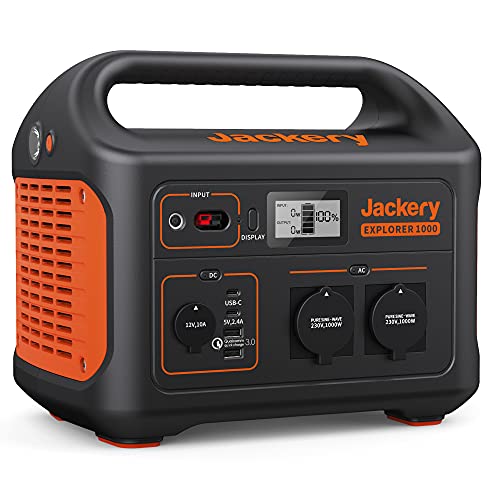 Jackery Explorer 1000, 1002Wh Tragbare Powerstation Mobiler Stromspeicher mit 230V/1000W (Spitze 2000 W) Steckdose, USB und QC, Mobile Stromversorgung für Outdoors, Heimwerken und als Notstromaggregat