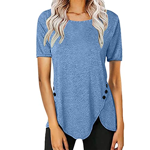 Damen-T-Shirt mit Rundhalsausschnitt und Knopfdruck, Kurze Ärmel, asymmetrische Oberteile, einfarbige Bluse Hemden 50 - Blue X-Large