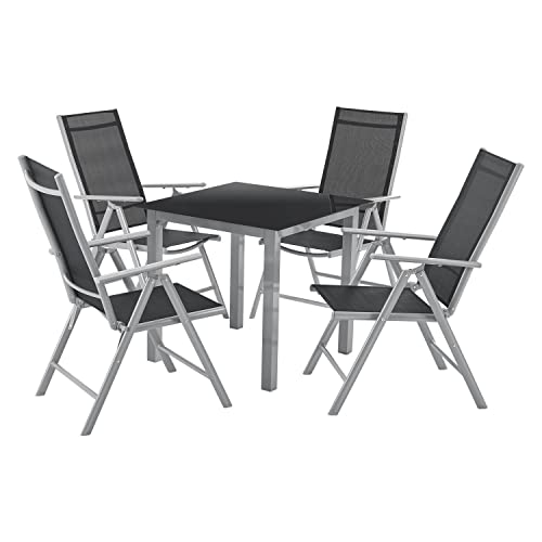 Juskys Aluminium Gartengarnitur Milano 4+1 — 4 Hochlehner Stühle verstellbar & klappbar mit Tisch — Gartenmöbel Set 5-teilig wetterfest — Silber