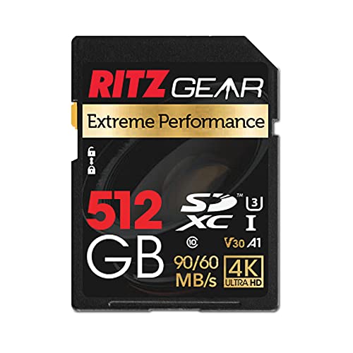 RitzGear Extreme Performance High Speed UHS-I SDXC 512 GB SD-Karte 90/60 MB/S U3 A1 Class-10 V30 Speicherkarte für SD-Geräte, die Full-HD, 3D, und 4K-Videos sowie Rohfotografie aufnehmen können.