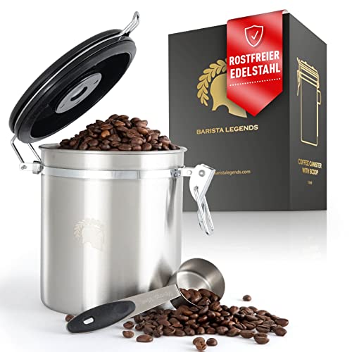 Barista Legends® Kaffeedose luftdicht 500g Silber - Kaffeebohnen Behälter für den Aromaschutz Ihres Kaffees - Vorratsdose aus Edelstahl mit ewigem Kalender.