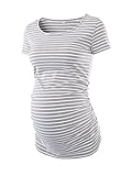 Love2Mi Damen Kurzarm Umstandsshirt Mutterschaft Klassische Seite Geraffte T-Shirt Tops Mama Schwangerschaft Kleidung, Graue Weiß Streifen, M