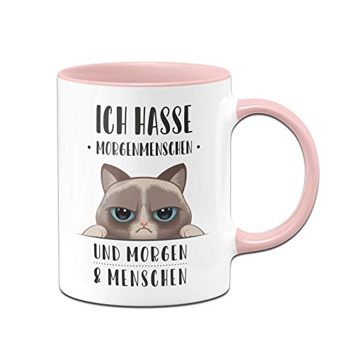 Tassenbrennerei Tasse mit Spruch Ich Hasse Morgenmenschen und Morgen und Menschen - Kaffeetasse lustig mit Katze (Rosa)