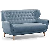 CAVADORE Zweisitzer-Sofa Abby / Klassisches Polstersofa mit Knopfverzierung / 153 x 89 x 88 / Strukturstoff, blaugrau
