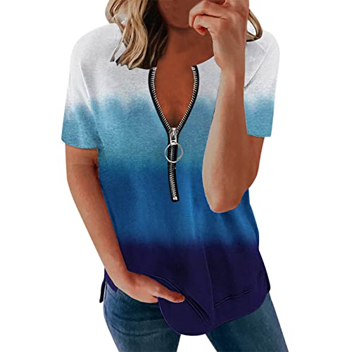 Damen T-Shirt Casual Kurzarmshirt Basic Oberteil mit Spitzen und Reißverschluss Lässig Tunika Top WX 2- Blue Medium