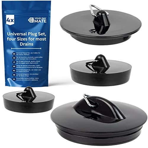 Universal Stöpsel Set, 4 Pack mit Allen Größen, in Schwarz, PVC Ablauf Stopfen für 1 1/2' - 1 3/4' - 2 Zoll Ventiloberteile, Abflussstöpsel Waschbecken, Waschbeckenstöpsel, Badewannenstöpsel Haushalt