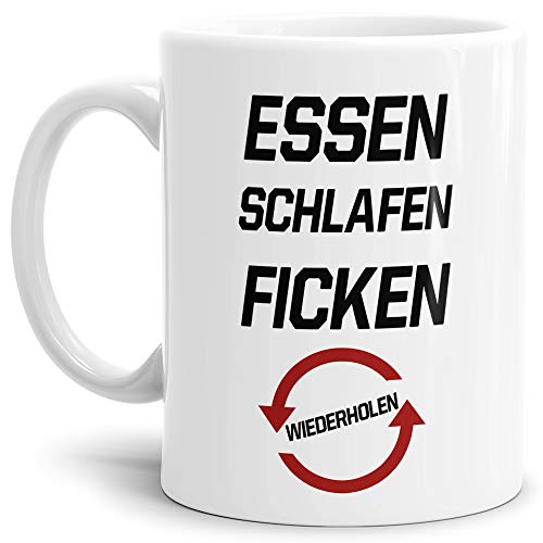 Tasse mit Spruch Essen, Schlafen, Ficken, Wiederholen - EIN ganz normales Wochenende/Lustig/Witzig/Disco/Mug/Cup/Weiss