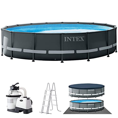 Intex Frame Pool Set Ultra Rondo XTR Ø 549 x 132 cm, Pool, Sandfilteranlage, Abdeckplane, Bodenschutzplane, Sicherheitsleiter, GS, Grau, 26330GN