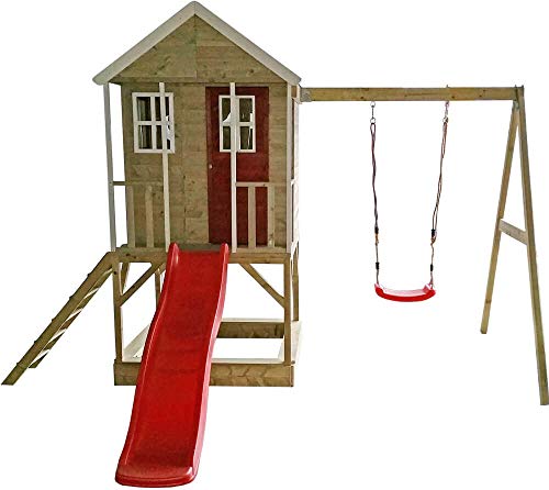 Wendi Toys Kinderspielhaus Alpaka Spielturm Stelzenhaus Baumhaus Holzhaus mit Sandkasten Veranda Schaukel und Rutsche