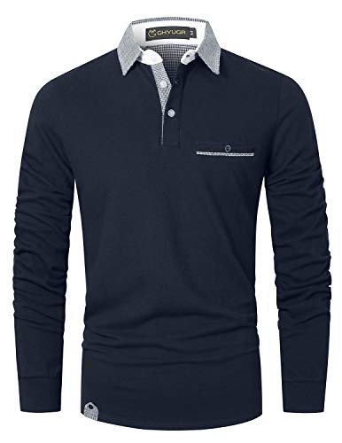 GHYUGR Poloshirt Herren Langarm Golf T-Shirt Klassische Karierte Spleiß Polohemd S-2XL,Blau 1,L