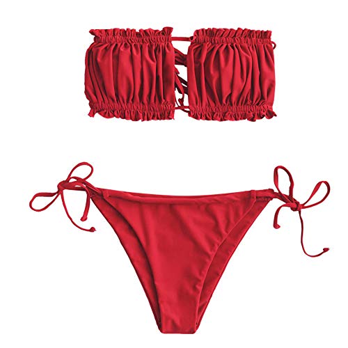 ZAFUL Damen Trägerloser Gerippter Rüschenausschnitt Bandeau Bikini Set Badeanzug (M, Rot-02)
