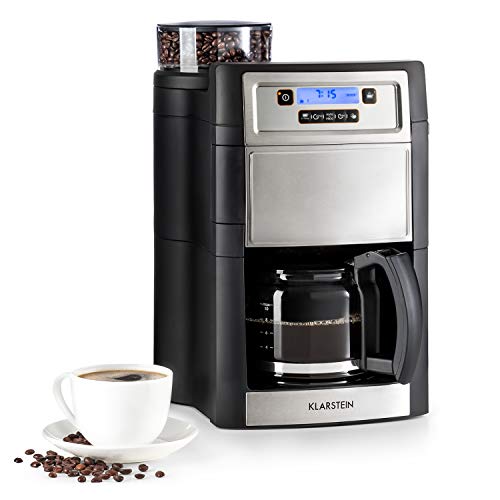 Klarstein Aromatica II Kaffeemaschine mit Mahlwerk, Timer, 1000 W, 1.25L Glaskanne für 2-10 Tassen, Filterkaffeemaschine mit Mahlwerk, inkl. Permanent- und Aktivkohle Filter, silber