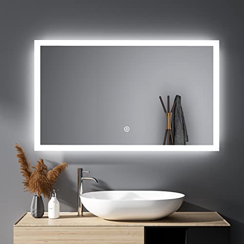 LED Badspiegel 60x100cm, Badezimmerspiegel Rechteckiger Wandspiegel mit Touch-Schalter Beleuchtung Kaltweiß 6500K IP67 energiesparend mit Hintergrundbeleuchtung für Badezimmer Wohnzimmer