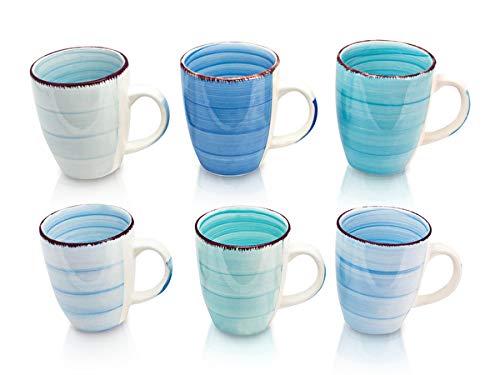 6er Set Kaffeebecher Handmade Tassen Pott Modernes Design ca. 350 ml (Hellblau,Meeresblau,Dunkelblau,Mint,Pastellblau und Türkisblau)