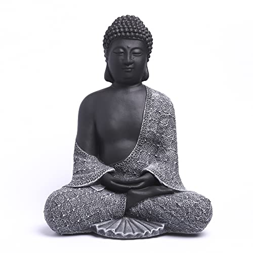 Tiefes Kunsthandwerk Buddha Figur aus Stein sitzend - Schwarz, Statue frostsicher und wetterbeständig für Garten und Balkon, handgefertigt in Deutschland