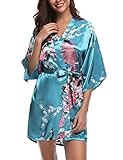 Migcaput Bademantel Damen Kurz mit Gürtel Kimono Robe Morgenmantel Sexy V-Ausschnitt Leicht Seide Satin Pyjama Strandkimonos Nachtwäsche mit Pfau Muster - pfau-Seeblau, XL