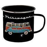 BRISA VW Collection Volkswagen VW T1 Bulli Bus Kaffeetasse emailliert schwarz mit rot-Blauem Bulli/Käfer Motiv