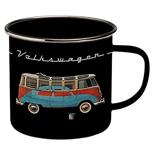 BRISA VW Collection Volkswagen VW T1 Bulli Bus Kaffeetasse emailliert schwarz mit rot-Blauem Bulli/Käfer Motiv