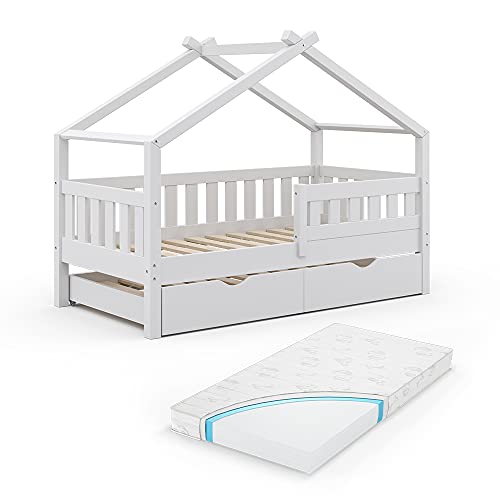 VitaliSpa Design Kinderbett 160x80 Babybett Hausbett Gästebett Lattenrost (Weiß + Matratze)