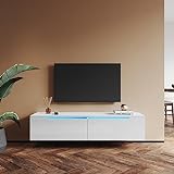 SUNXURY TV Board, TV Lowboard, mit 12 Farben LED Beleuchtung, Glasregal TV Schrank Hochglanz Weiß, 140 x 35 x 30 cm Holz