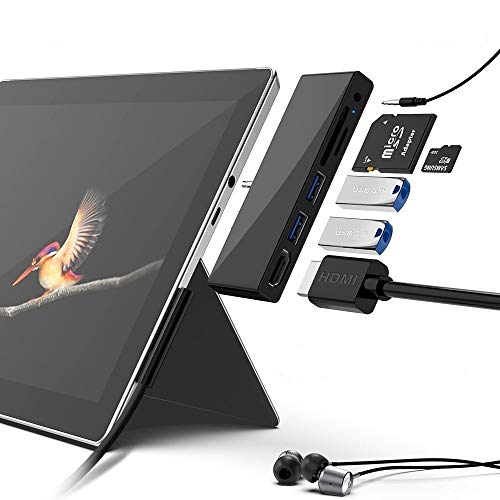 Rocketek Surface Go USB Hub 6in1 Funktionserweiterung, USB 3.0 Portx2, 4K HDMI Ausgangsausgang, 3,5 mm Kopfhöreranschluss, TF / Mirco SD / SD Kartenleser (Surface Go Dockingstation)