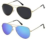 La Optica B.L.M. Sonnenbrille Herren Damen UV400 Pilotenbrille Fliegerbrille Doppelpack Set Gold Farben (Gläser: 1 x Grau, 1 x Blau Verspiegelt)