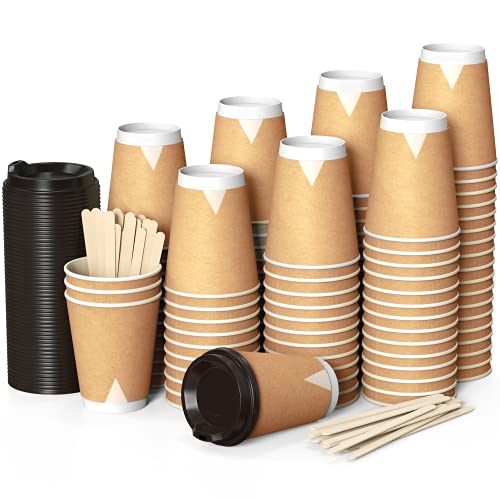 100 Doppelwand Kraft Pappbecher 360 ml Coffee To Go mit Deckel und Holz Rührstäbchen Zum Servieren von Kaffee, Tee, Heißen und Kalten Getränken