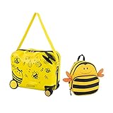 DREAMADE Kinderkoffer zum Draufsitzen, 2 TLG. Kinderkoffer mit Rucksack 18”+12”, Kindergepäck Trolley zum Reisen, Reisetrolley Kinder Trolley Set (Gelb-Biene)