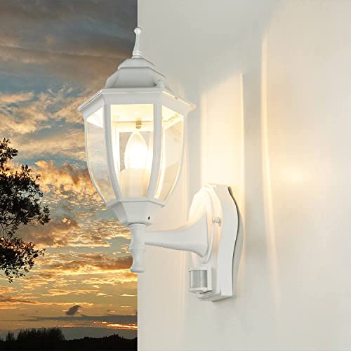 Licht-Erlebnisse LYON Weiße Außenleuchte mit Bewegungsmelder Metall Glas Schirm E27 IP44 Wandlampe Vintage Haus Hof Balkon