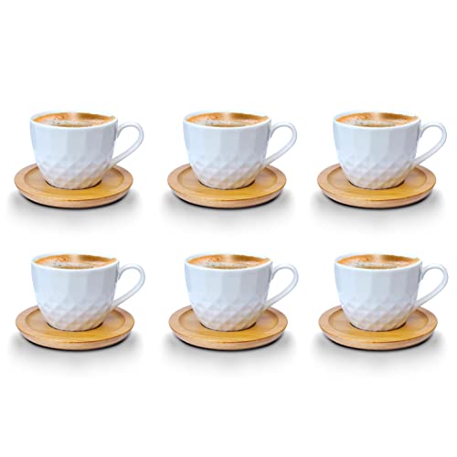 Kaffeetassen Espressotassen Cappuccinotassen mit untersetzer Holz Optik Porzellan 6 Tassen + 6 Untersetzer Weisse Kaffeetassen Set (Tasse 200 ml - Model 3)