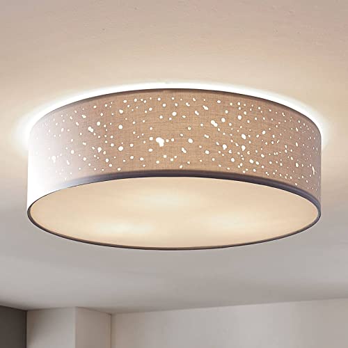 Lindby Stoff Deckenlampe rund 50, 5 cm, grau, Textil-Sternenhimmel, 3x E27 max. 60W, ohne Leuchtmittel, Textil Deckenleuchte Schlafzimmer