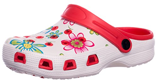 Brandsseller Damen Clogs Pantoffel Schuhe Gartenschuhe Hausschuhe - Farbe: Rot/Weiß - Größe: 37 - Blumenmuster