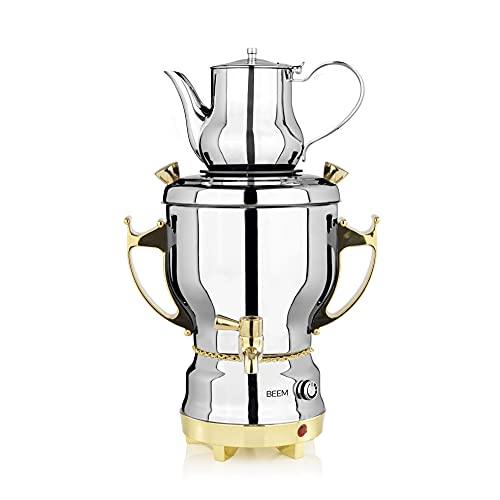 BEEM Samowar Tea Classic Teekocher aus Edelstahl mit einem Volumen von 3 Liter, Farbe: Edelstahl Silber Gold, Maße (LxBxH): 24 x 29 x 33 cm, 03022