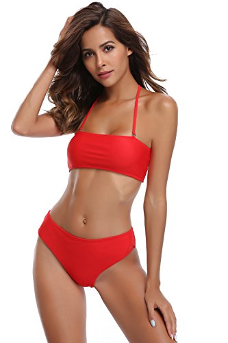 SHEKINI Damen Bandeau Bikini Set Abnehmbar Neckholder Gepolstert Badeanzug Badeanzüge (Medium, Rot)