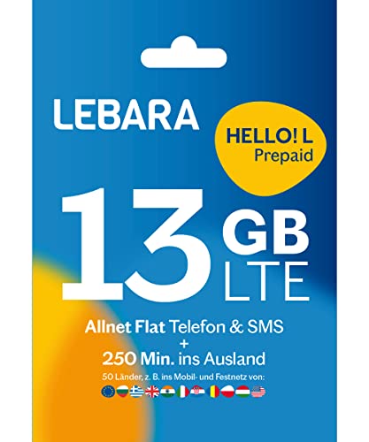 Lebara Prepaid SIM-Karte mit Hello! L Prepaid Tarif ohne Vertrag | Allnet Flat Telefonie & SMS, 13 GB Datenvolumen inkl. LTE und 250 Frei-Min. ins Ausland…