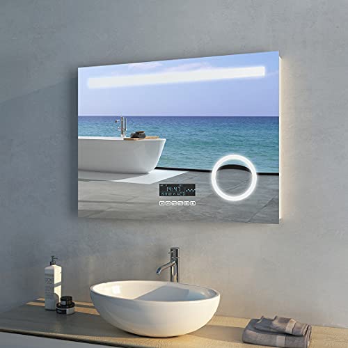 Meykoers LED Badezimmerspiegel mit Beleuchtung Badspiegel Wandspiegel (Type F, 80x60cm Touch+Kaltes Licht+Bluetooth)